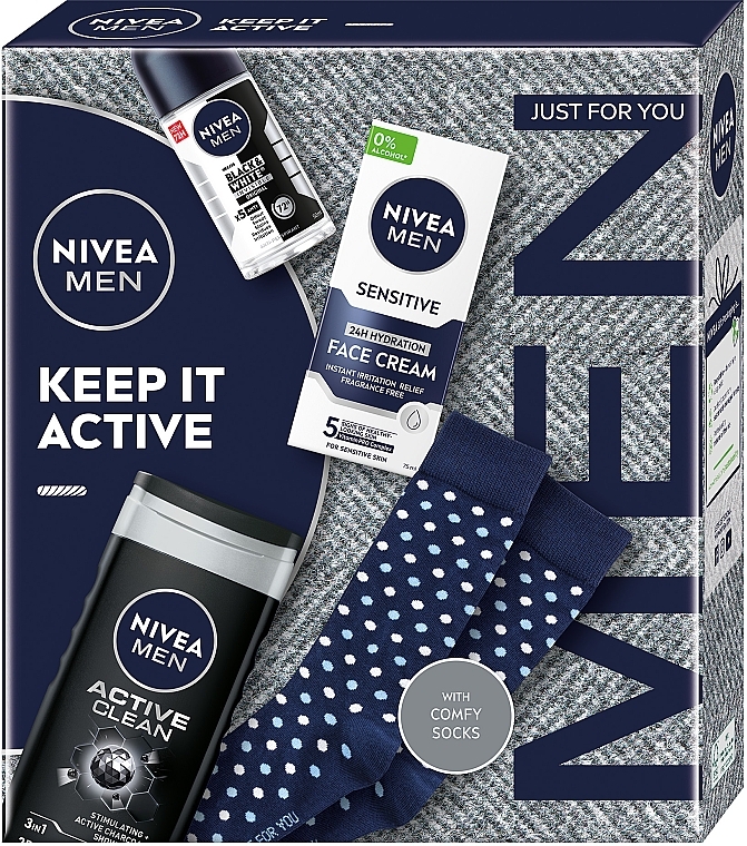 Set - NIVEA MEN Keep It Active 2024 (Gesichtscreme/75 ml + Deodorant/50 ml + Duschgel/250 ml + Socken/2 St.) — Bild N1