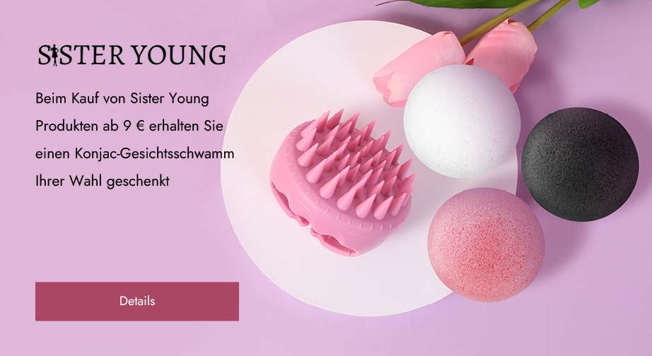 Beim Kauf von Sister Young Produkten ab 9 € erhalten Sie einen Konjac-Gesichtsschwamm Ihrer Wahl geschenkt: schwarz, rosa oder weiß