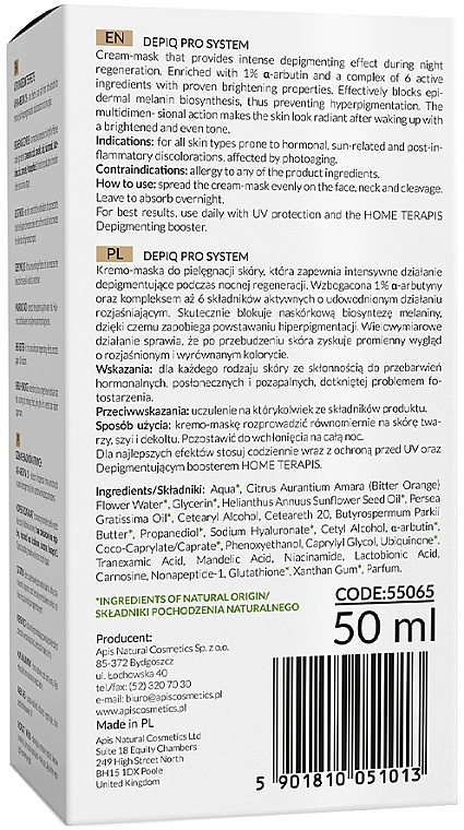 Depigmentierende Nachtcreme-Maske mit Arbutin 1% - APIS Professional Depiq Pro System Depigmenting Cream-Mask  — Bild N3