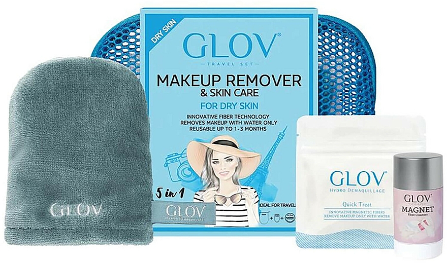 Reiseset zum Abschminken - Glov Expert Travel Set Dry Skin (Handschuh Mini 1St. + Handschuh 1St. + Gesichtsreinigungs-Stick 40g)