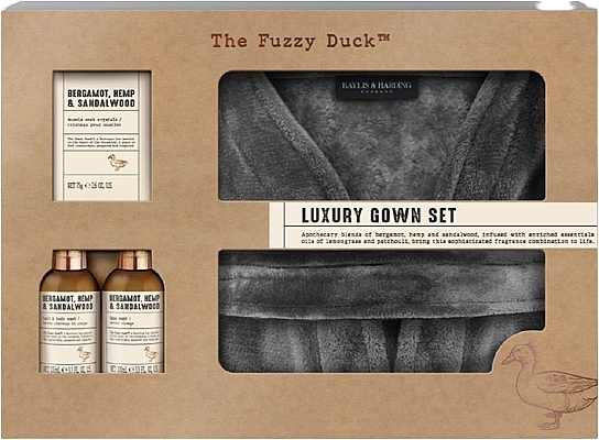 Set - Baylis & Harding The Fuzzy Duck Bergamot, Hemp & Sandalwood Luxury Gown Gift Set (hair/body/wash/100ml + f/wash/100ml + crystal/75g + gown/1pc) — Bild N1