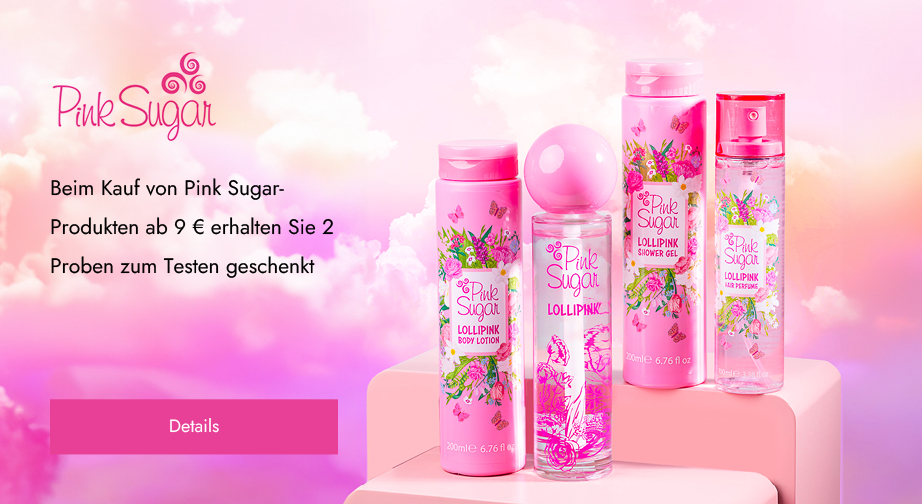 Beim Kauf von Pink Sugar-Produkten ab 9 € erhalten Sie 2 Proben zum Testen geschenkt
