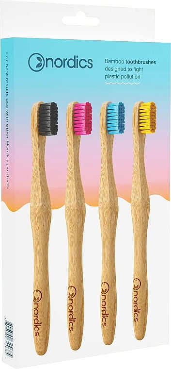 Zahnbürsten aus Bambus mit schwarzen, rosa, blauen und gelben Borsten 4 St. - Nordics Aadult Bamboo Toothbrushes — Bild N1