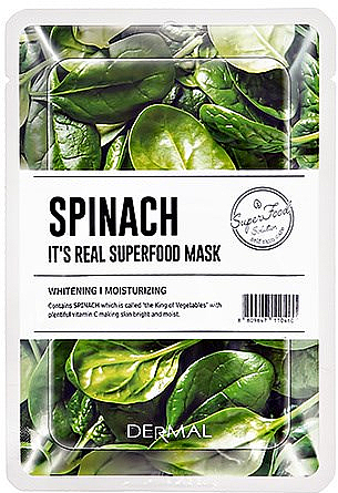 Feuchtigkeitsspendende und aufhellende Tuchmaske für das Gesicht mit Spinat - Dermal It'S Real Superfood Mask Spinach — Bild N1