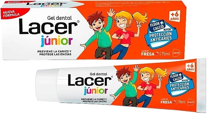 Kinderzahngel mit Fluorid und Kalzium Erdbeergeschmack - Lacer Junior Gel Dental Strawberry — Bild N1