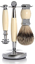 Set - Golddachs Finest Badger, Safety Razor Ivory Chrom (sh/brush + razor + stand) — Bild N1