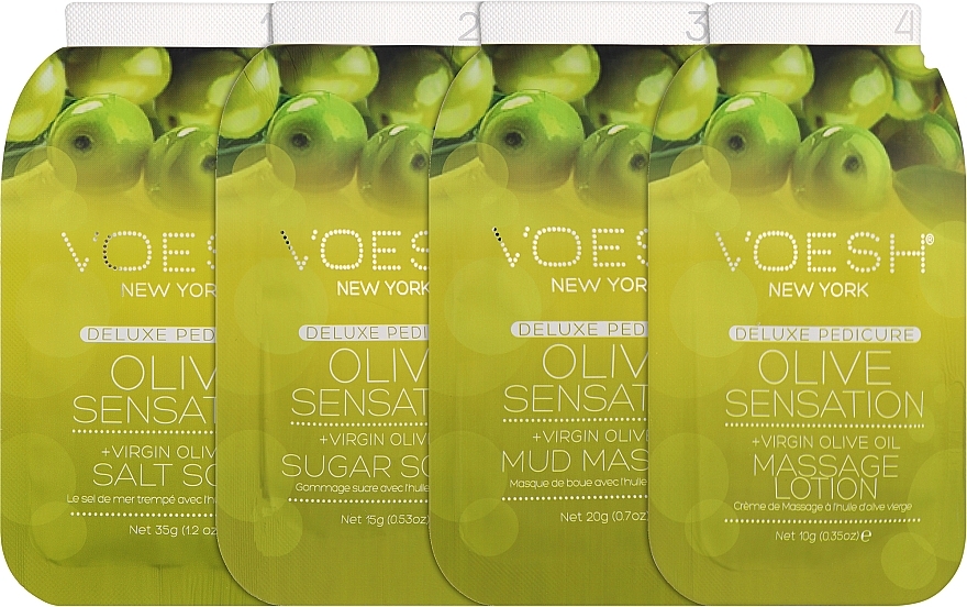 4-stufige Olive Sensation Fußpflege - Voesh Deluxe Pedicure Olive Sensation In A Box 4in1 (1. Meer Badesalz, 2. Zuckerpeeling, 3. Schlammmaske, 4. Massagebutter)(35 g) — Bild N2