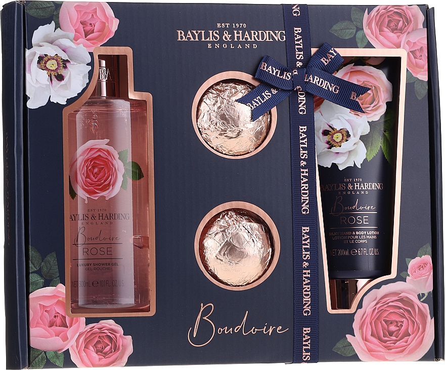 Körperpflegeset - Baylis & Harding Boudoire Rose (Duschgel 300ml + Körperlotion 200ml + Badebomben 2x75g)