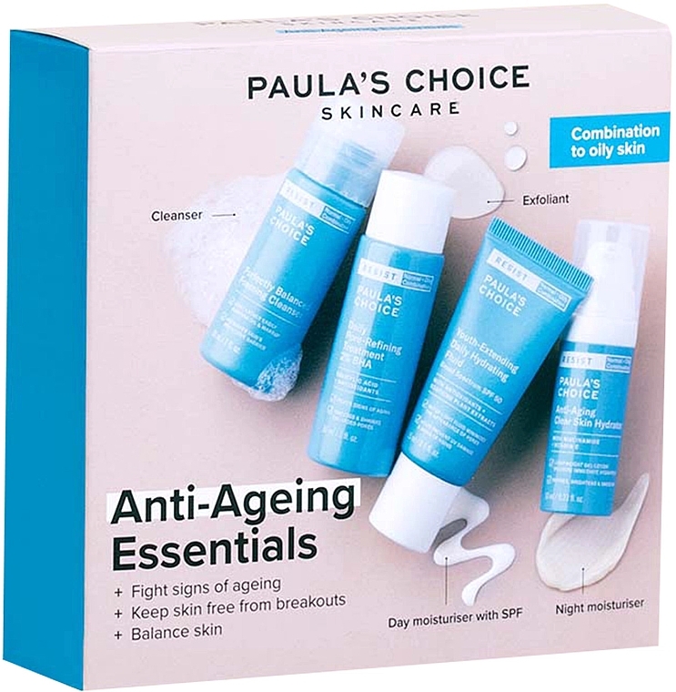 Gesichtspflegeset - Paula's Choice Anti-Aging Essentials Combination To Oily Skin Set (Gesichtsgel 30ml + Gesichtsfluid 15ml + Gesichtstonikum 30ml + Gesichtscreme 10ml) — Bild N1