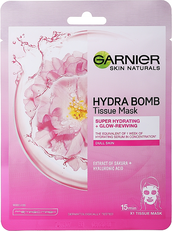 Feuchtigkeitsspendende Tuchmaske für das Gesicht mit Sakura und Hyaluronsäure - Garnier Moisture Bomb Sakura Hydrating Face Sheet Mask — Bild N1