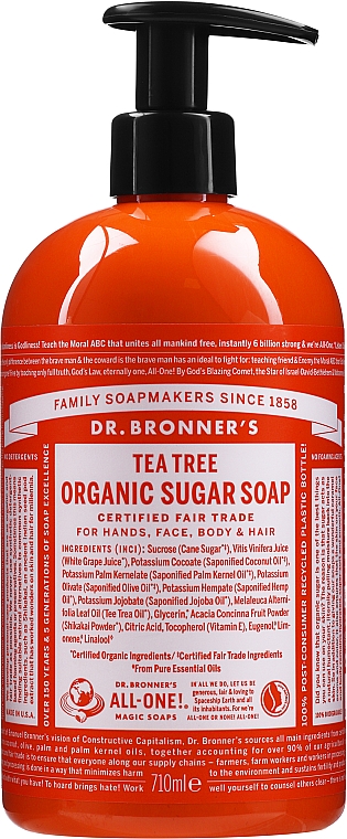 4in1 Flüssige Zuckerseife mit Teebaumextrakt für Haar, Körper, Gesicht und Hände - Dr. Bronner’s Organic Sugar Soap Tea Tree — Bild N3