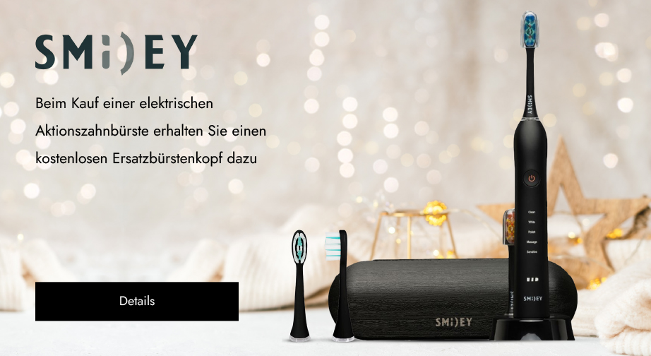 Beim Kauf einer elektrischen Aktionszahnbürste von Smiley erhalten Sie kostenlose Ersatzbürstenköpfe dazu: schwarz und weiß