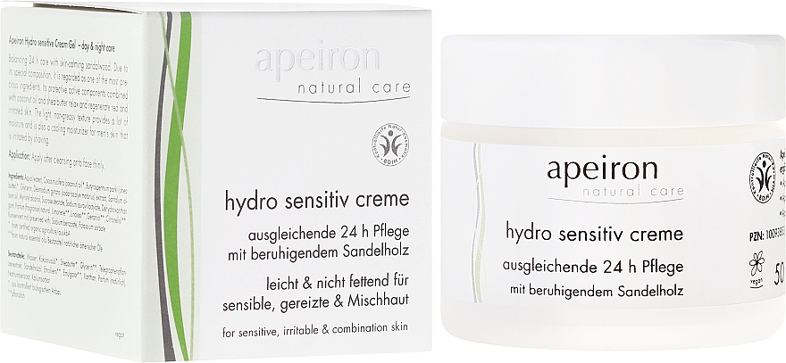 Ausgleichende Gesichtscreme mit beruhigendem Sandelholz für sensible, gereizte und Mischhaut - Apeiron Hydro Sensitiv Cream 24h — Bild N1