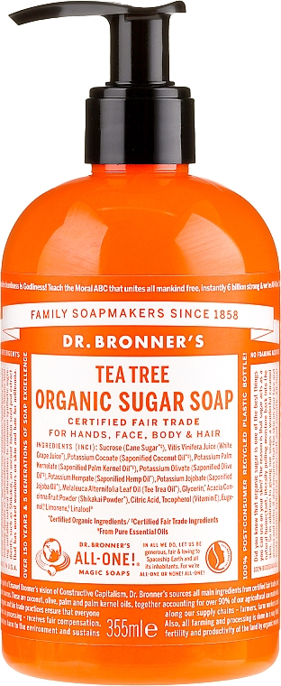 4in1 Flüssige Zuckerseife mit Teebaumextrakt für Haar, Körper, Gesicht und Hände - Dr. Bronner’s Organic Sugar Soap Tea Tree — Bild N1