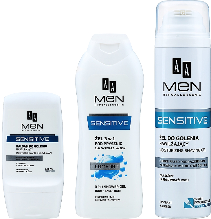 Gesichtspflegeset - AA Men Sensitive (Rasiergel 200ml + After Shave Balsam 100ml + Duschgel 400ml) — Bild N2