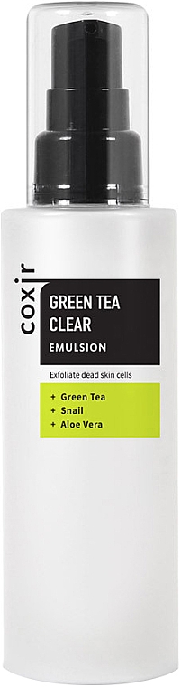 Exfolierende, feuchtigkeitsspendende und beruhigende Gesichtsemulsion mit grünem Tee, Aloe Vera und Schneckenschleim - Coxir Green Tea BHA Clear Emulsion — Bild N1