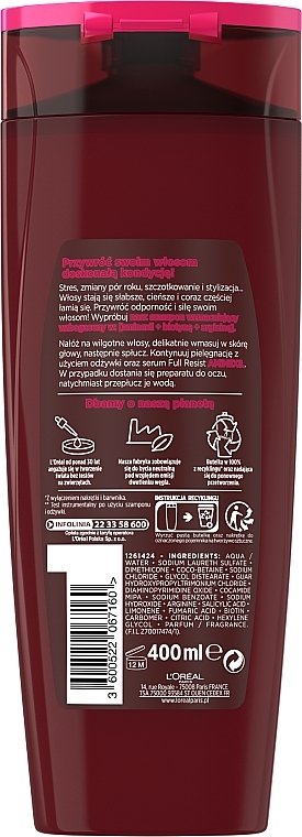 Stärkendes Shampoo für schwaches und zu Haarausfall neigendes Haar - L'Oreal Paris Elseve Full Resist Arginine Shampoo — Bild N2