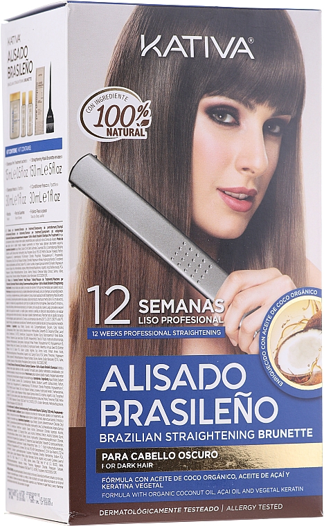 Keratin-Haarglättungs-Kit für Brünetten - Kativa Alisado Brasileno Straighten Brunette (Pre-Shampoo 15ml + Haarmaske 150ml + Shampoo 30ml + Conditioner 30ml + Pinsel 1 St. + Einweg-Handschuhe)