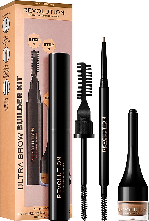 Set - Makeup Revolution Ultra Brow Builder Kit (wax/8ml + brow/pomade/2,2g + eye/crayon/0,09g)  — Bild N1