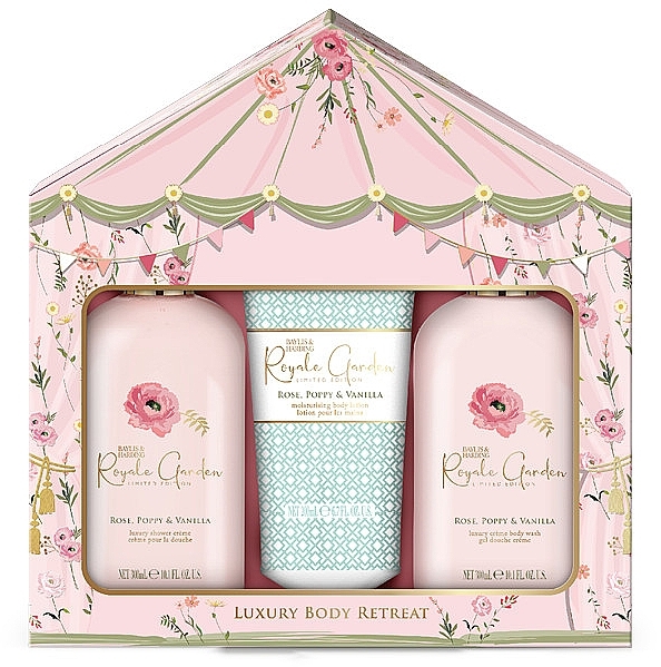 Körperpflegeset - Baylis & Harding Royale Garden Rose, Poppy & Vanilla Luxury Body Retreat Gift Set (Duschcreme 300ml + Duschgel 300ml + Körperlotion 200ml) — Bild N1