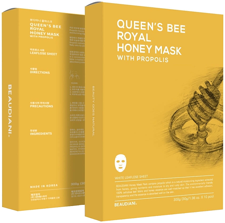 Nährende und feuchtigkeitsspendende Tuchmaske für das Gesicht mit Honig und Propolis - Beaudiani Queen's Bee Royal Honey Mask With Propolis — Bild N2