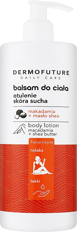 Leichte entspannende Körperlotion mit Sheabutter und Macadamia für trockene Haut - Dermofuture Daily Care Body Lotion Macadamia + Shea Butter
