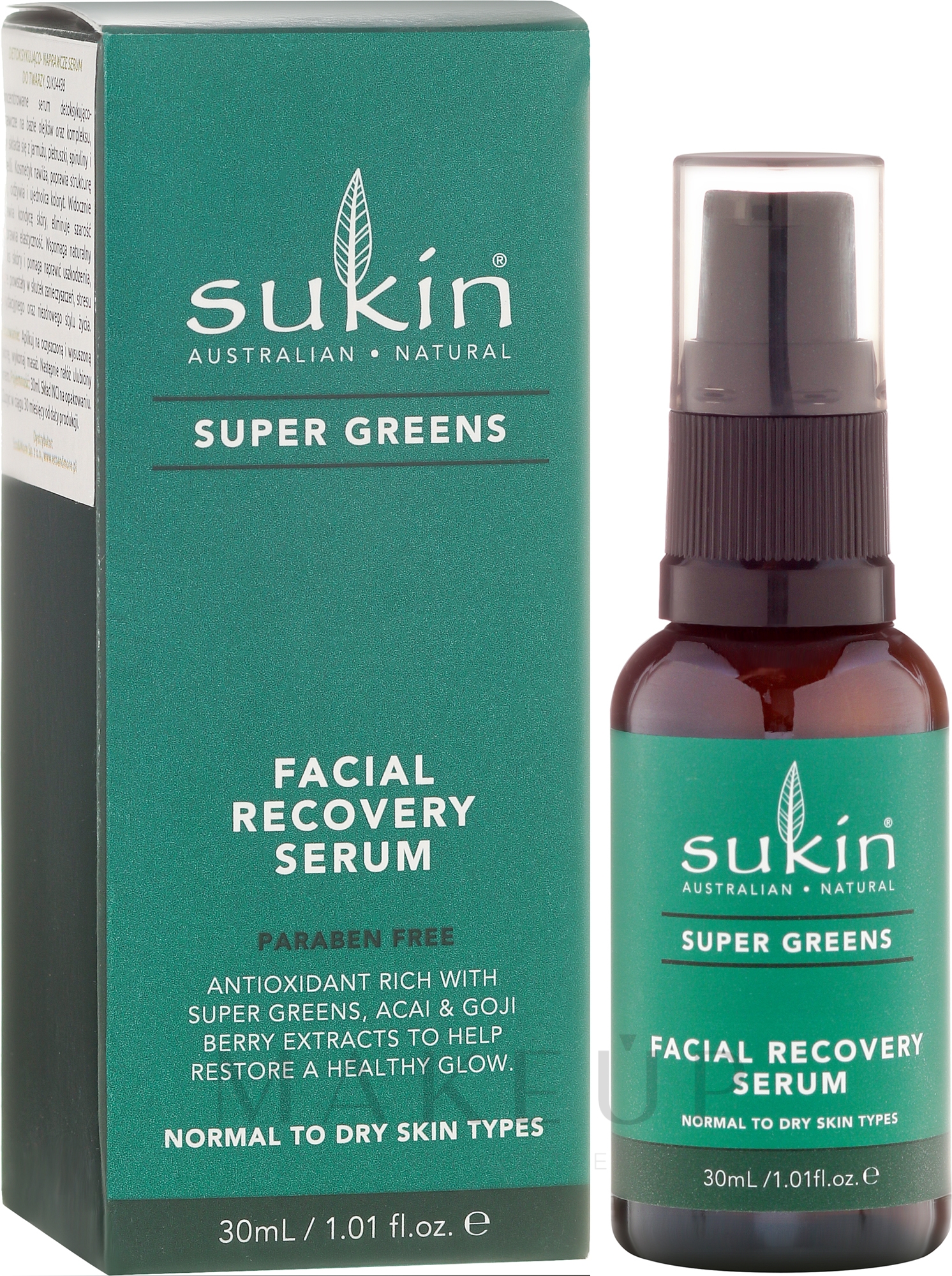 Regenerierendes Gesichtsserum für strahlende Haut - Sukin Super Greens Facial Recovery Serum — Bild 30 ml