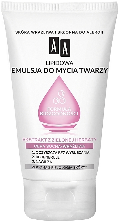 Gesichtsreinigungsemulsion mit Lipiden und Grüntee-Extrakt für trockene und empfindliche Haut - AA Biocompatibility Formula