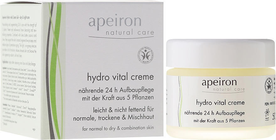 Nährende 24h-Gesichtscreme für normale, trockene und Mischhaut - Apeiron Hydro Vital 24h Nourishing&Regenerating Cream — Bild N1