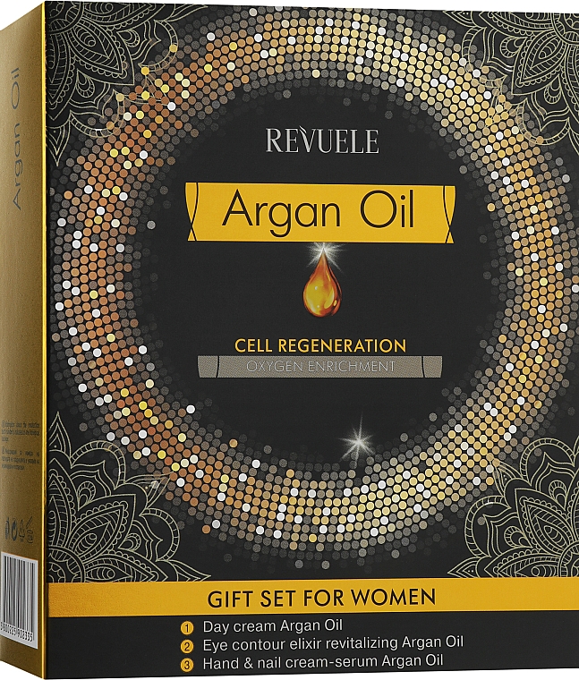 Gesichtspflegeset - Revuele Argan Oil Gift Set (Tagescreme für das Gesicht 50ml + Serum für Hände und Nägel 50ml + Augenkontur-Elixier 25ml) — Bild N1