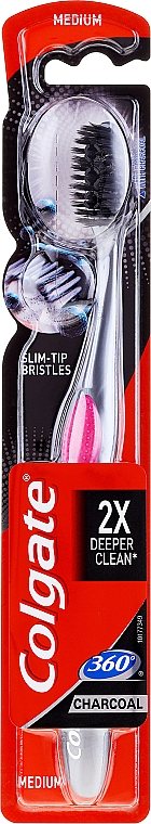 Zahnbürste mit Aktivkohle mittel 360° Charcoal schwarz-rosa - Colgate 360 Charcoal Infused Toothbrush Medium Bristles — Bild N1