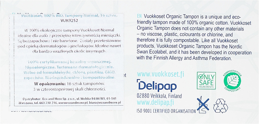 Bio Tampons ohne Applikator Normal 16 St. - Vuokkoset Organic Normal Tampons — Bild N2
