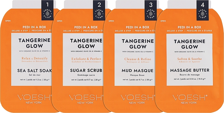 4-stufige Tangerine Twist Fußpflege - Voesh Deluxe Pedicure Tangerine Twist Pedi In A Box 4in1 (1. Meer Badesalz, 2. Zuckerpeeling, 3. Schlammmaske, 4. Massagebutter)(35g) — Bild N2