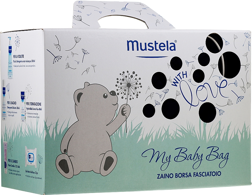 Körperpflegeset - Mustela My Baby Bag Set (Reinigungswasser 300ml + Schaumgel 200ml + Gesichtscreme 40ml + Körpercreme 50ml + Feuchttücher 25St. + Kosmetiktasche)