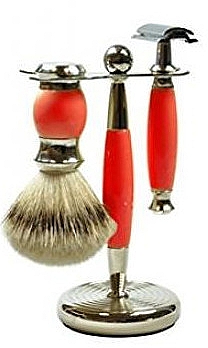 Set - Golddachs Silver Tip Badger, Polymer Handle, Red, Chrom, Safety Razor (sh/brush + razor + stand) — Bild N1