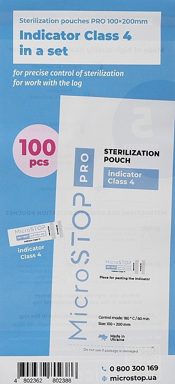 Sterilisationsbeutel (Papier, weiß) 100x200 mm 100 St. (mit Klasse-4-Indikator) - MicroSTOP PRO Sterilization Pouch With Indicator (Class 4) White — Bild N1