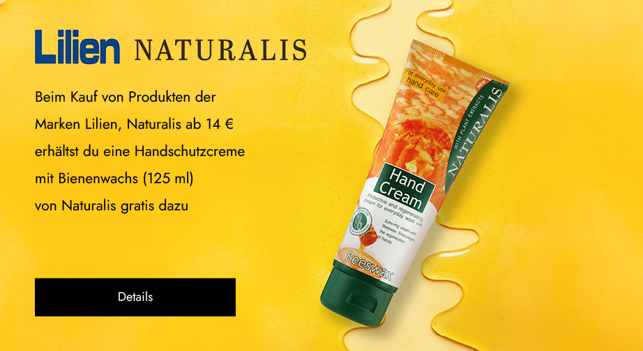 Beim Kauf von Produkten der Marken Lilien, Naturalis ab 14 € erhältst du eine Handschutzcreme mit Bienenwachs (125 ml) von Naturalis gratis dazu