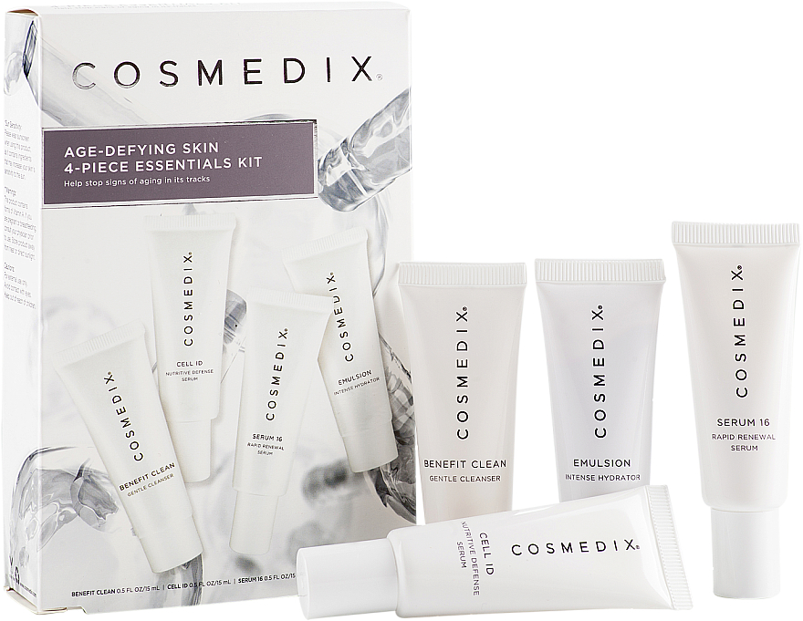 Gesichtspflegeset - Cosmedix Age Defying Skin 4-Piece Essentials Kit (Schonendes Reinigungsmittel 15ml + Gesichtsserum 15ml + Gesichtsserum 15ml + Gesichtscreme 15ml) — Bild N1