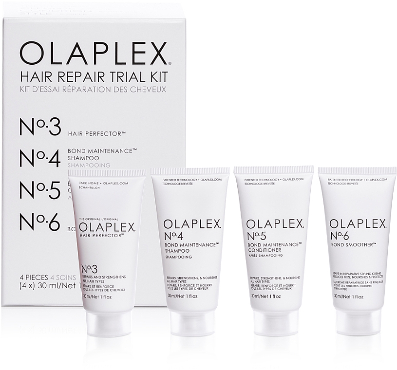 Regenerierendes Haarpflegeset - Olaplex Hair Repair Trial Kit (Shampoo 30ml + Haarspülung 30ml + Haarelixier 30ml + Haarcreme 30ml)