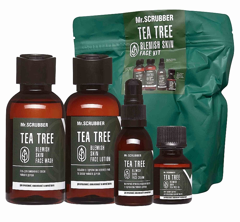 Set - Mr.Scrubber Tea Tree Blemish Skin Face (gel/125ml + lot/125ml + cr/55ml + oil/15ml + bag) — Bild N1