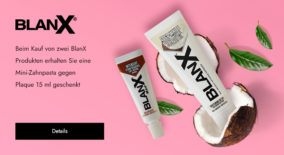 Beim Kauf von zwei BlanX Produkten erhalten Sie eine Mini-Zahnpasta gegen Plaque 15 ml geschenkt