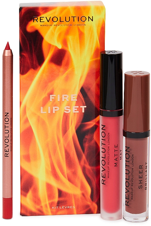 Lippen-Make-up Set (Lipgloss 3.5ml + Lippenstift 3ml + Lipliner 1g) - Makeup Revolution Fire Lip Set — Bild N1