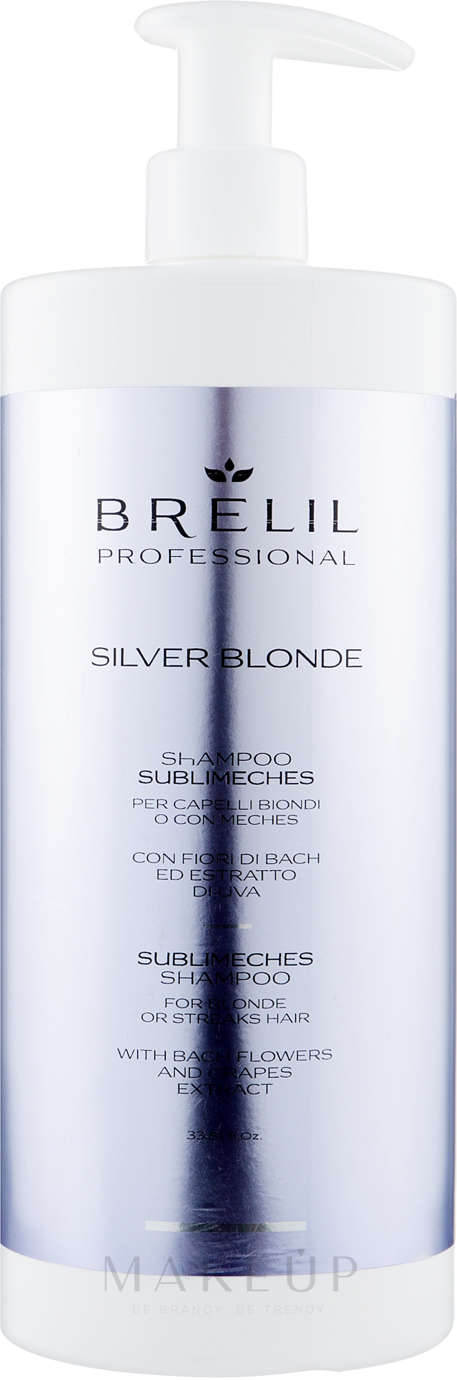 Anti-Gelbstich Shampoo für blondes und gesträhntes Haar mit Bachblüten und Traubenextrakt - Brelil Silver Blonde Sublimeches Shampoo — Bild 1000 ml